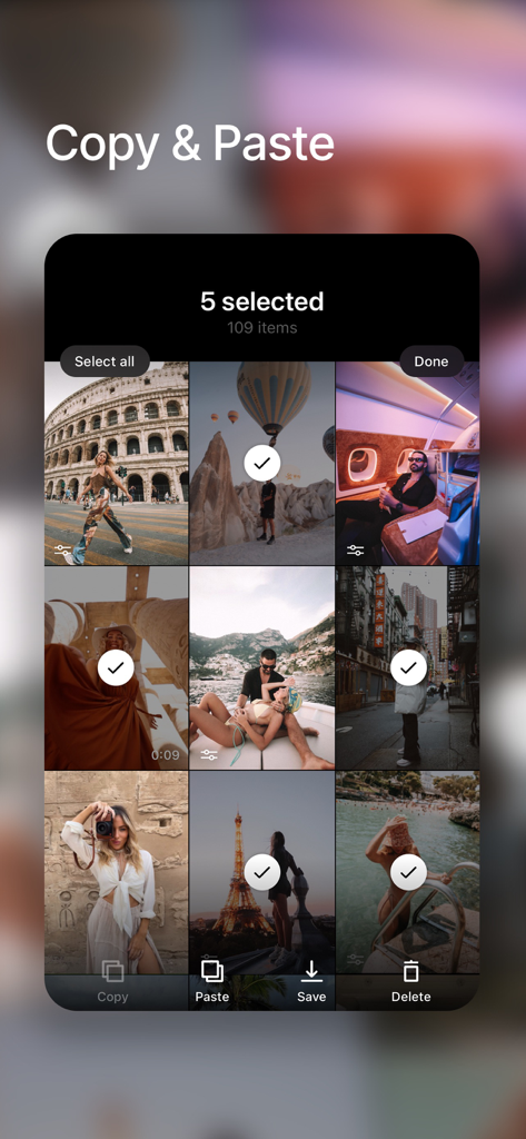 EPISHI: Photo & Video Editor - EPISHI app interface showing the copy and paste feature for batch photo editing