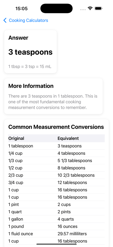 Cooking Baking Calculators - Measurement conversion table in the Cooking Baking Calculators app showing common kitchen units like teaspoons, tablespoons, and cups.