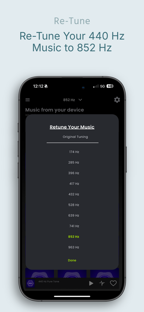 852 Player Plus - Tela do iPhone do aplicativo 852 Player Plus mostrando o menu de ressintonização com várias frequências Solfeggio