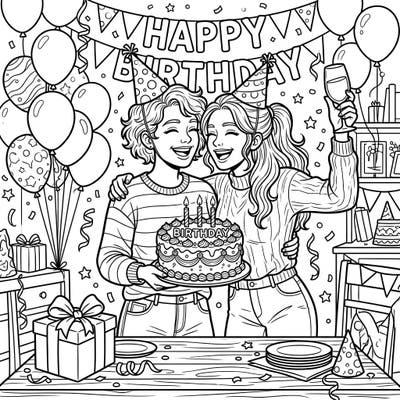 Celebrate a special day with this heartwarming coloring page featuring a same-sex couple joyfully marking a birthday. Dive into a scene brimming with festive balloons, delicious cake, and happy moments, ready for your creative touch.