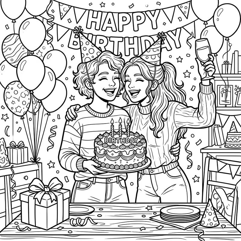 Celebrate a special day with this heartwarming coloring page featuring a same-sex couple joyfully marking a birthday. Dive into a scene brimming with festive balloons, delicious cake, and happy moments, ready for your creative touch.