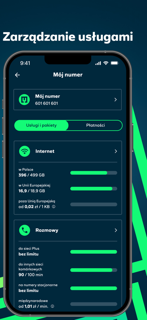 iPlus - Interface do aplicativo móvel iPlus mostrando o painel de uso de internet e chamadas