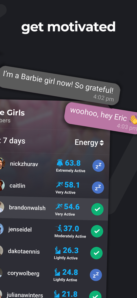 SUPERHUMAN. - Interfaz de la aplicación SUPERHUMAN que muestra una tabla de clasificación de actividad diaria con los niveles de energía de los usuarios y chats de motivación.