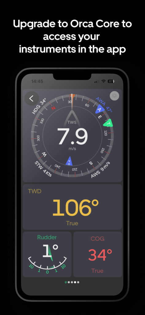 Un quadro strumenti digitale su uno smartphone che mostra dati marini in tempo reale, inclusi velocità del vento, direzione e angolo del timone