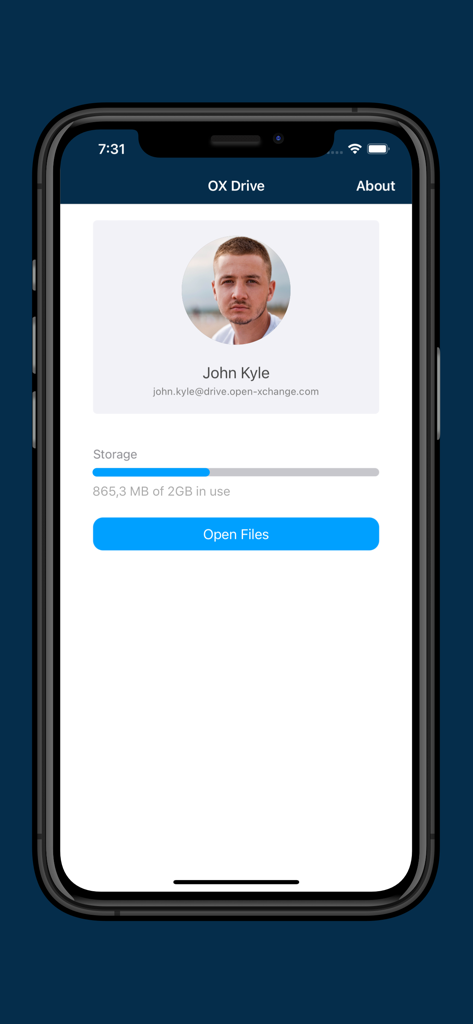 OX Drive by Open-Xchange - User account dashboard in OX Drive app displaying storage capacity and account details