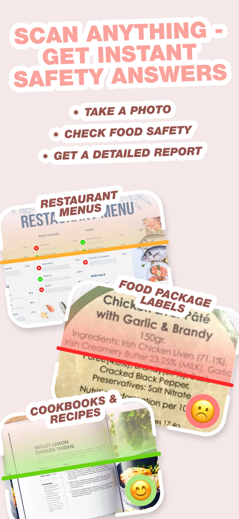 Pregnancy AI Food Companion - Gráfico ilustrando as capacidades de escaneamento da aplicação Pregnancy AI Food Companion para menus de restaurantes, rótulos de alimentos e receitas