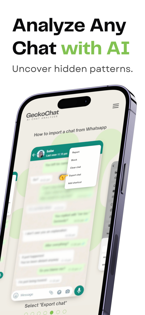 Interface do aplicativo GeckoChat mostrando como analisar conversas de WhatsApp com IA para descobrir padrões ocultos.