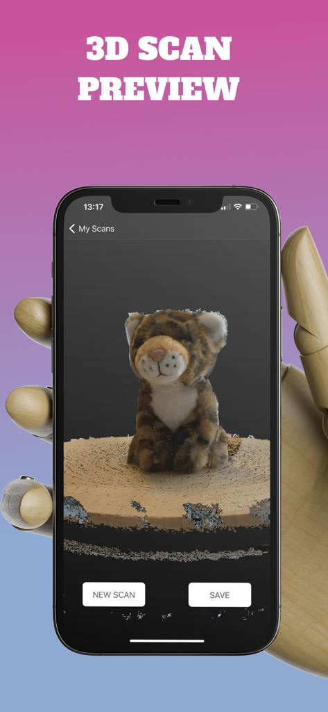 Anteprima della scansione 3D di una tigre di peluche su uno schermo di iPhone all'interno dell'App Scanner 3D