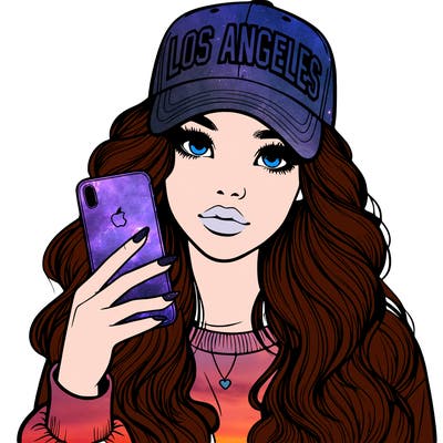 realistic beautiful girl wearing los ángeles cap holding an iphone