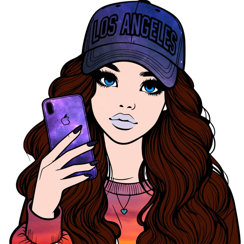 realistic beautiful girl wearing los ángeles cap holding an iphone