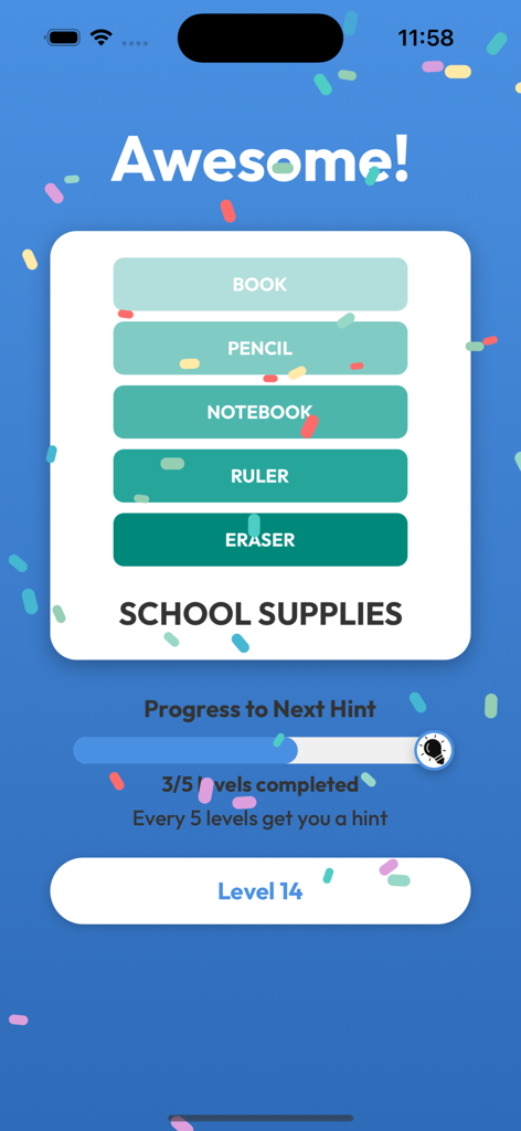 PinPoints - Word Guessing Game - Victory screen in PinPoints word guessing game showing clues for school supplies with confetti effects.