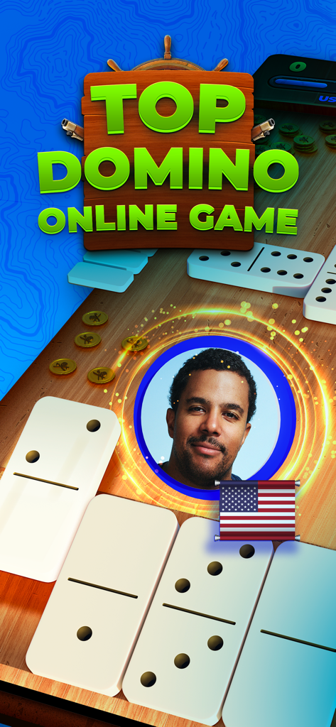 Domino Duel - Online Dominoes - Écran promotionnel de Domino Duel montrant le profil d'un joueur en ligne des États-Unis et des tuiles de dominos sur une table en bois