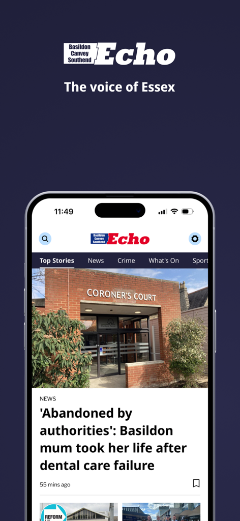 Echo News mobile app interface showing top stories for South Essex with a headline about Basildon