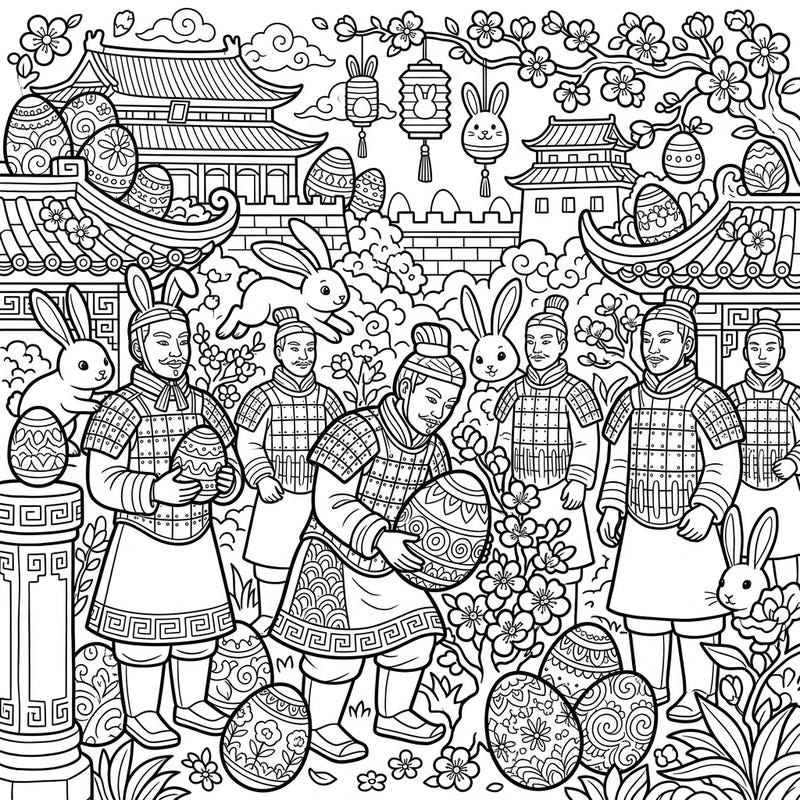 Embark on an extraordinary coloring adventure where ancient Chinese history meets the joyous spirit of Easter. Discover a whimsical scene featuring iconic Terracotta soldiers adorned with bunny ears amidst beautifully decorated Easter eggs and spring blossoms.