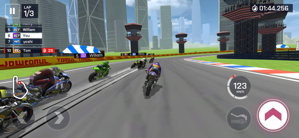 Compétition de course de moto sur une piste urbaine dans l'application mobile Moto Rider.