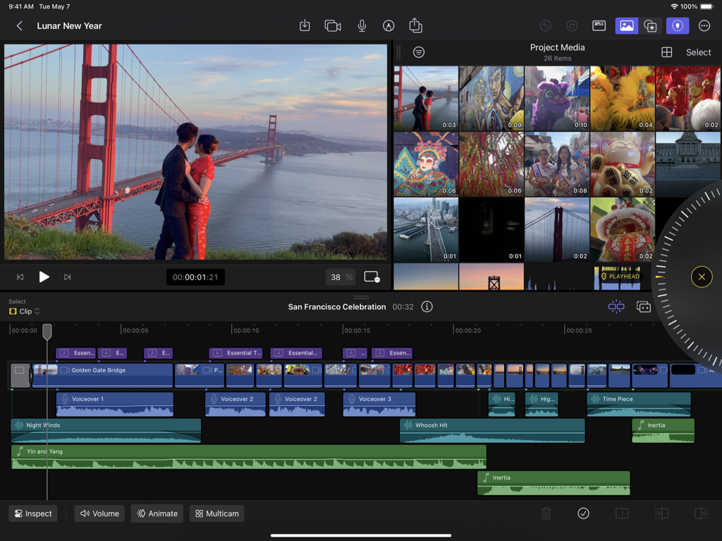 Final Cut Pro for iPad interface showing a video project with the magnetic timeline and precision jog wheel