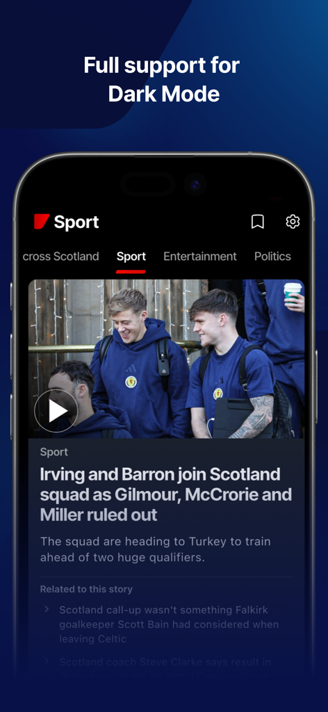 STV News - STV News app interface showing a sports news article in dark mode