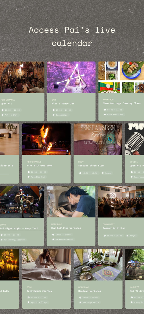 Experience Pai - A live calendar interface in the Experience Pai app showing local events like workshops, fire shows, and dance jams.