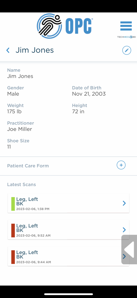 OPCenters - Perfil del paciente en la aplicación OPCenters que muestra datos clínicos y los últimos escaneos