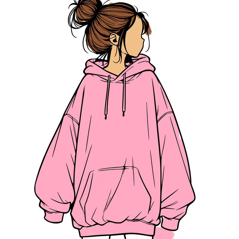 realistic girl with a oversized sweatshirt on and a bun