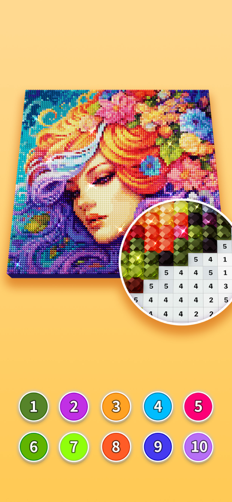 Un diamond painting numérique d'une femme aux cheveux floraux vibrants montrant la grille numérotée et les échantillons de couleurs