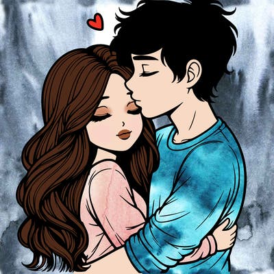 a realistic couple boy and girl hugging and kissing