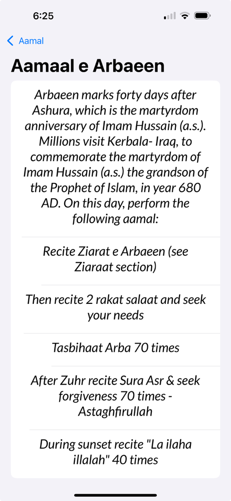 Shia App - Shia App screen showing instructions for Arbaeen rituals and prayers in English