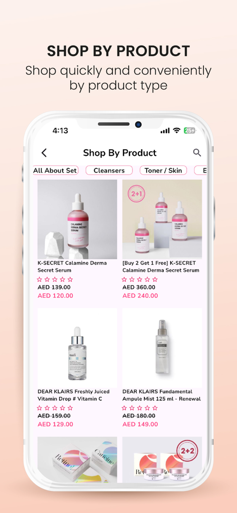 A screenshot of the K-SECRET mobile app displaying a shop by product page with various Korean skincare items like serums and mists.