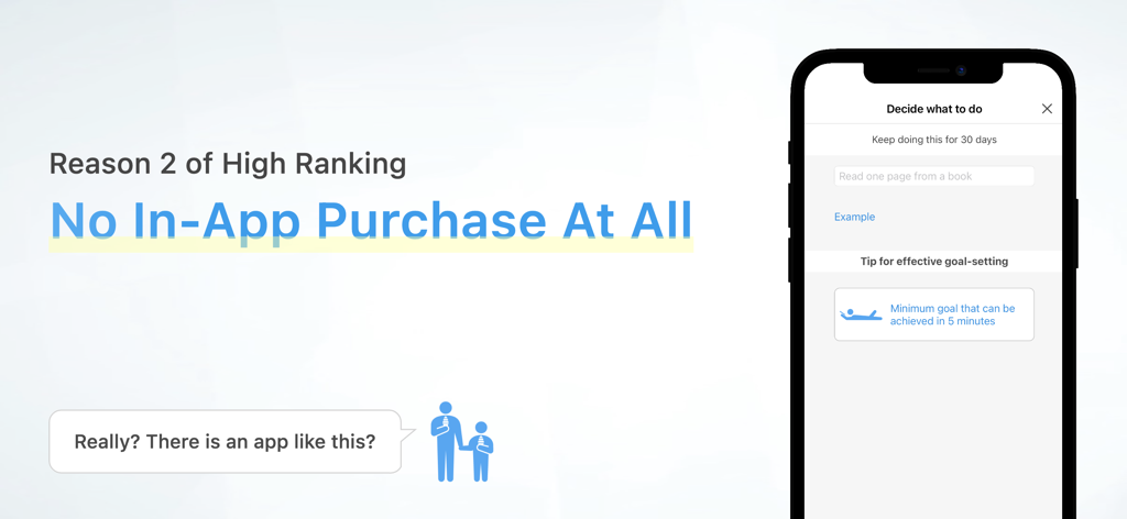 Captura de pantalla de la aplicación Habit destacando que no hay compras integradas y mostrando la interfaz de configuración de metas