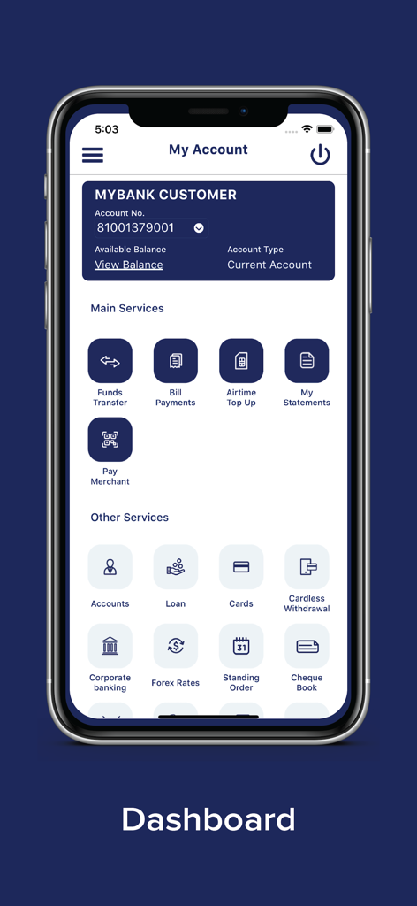 MyBank Mobile Banking - MyBank Mobile Banking app dashboard showing financial services like funds transfer and bill payments