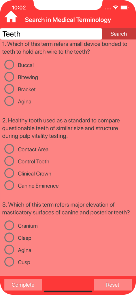 Dental Medical Terms Quiz - 歯科医療用語クイズのモバイルアプリのスクリーンショット。赤い背景に、歯科用語と解剖学に関する多肢選択問題が表示されています。