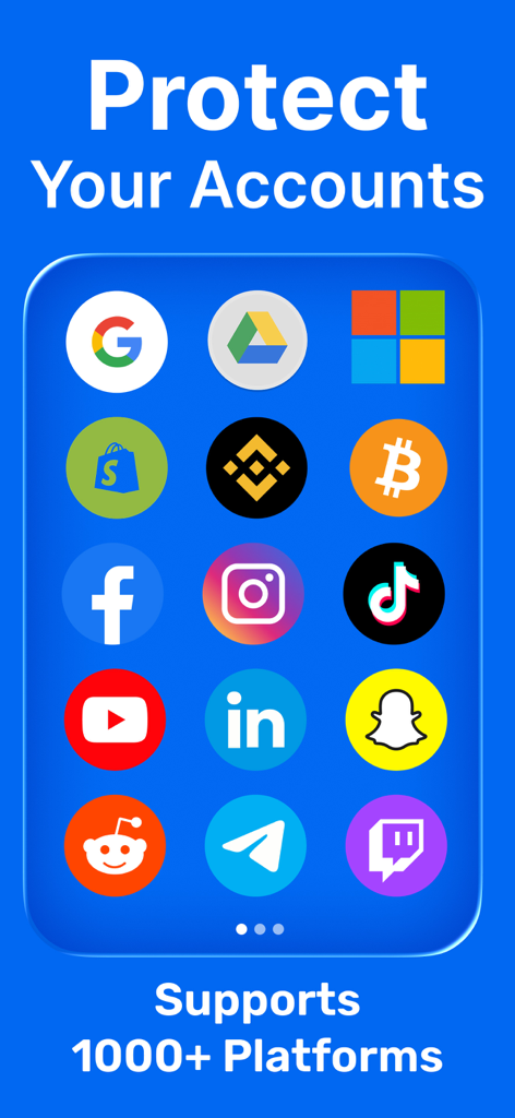 安全な二要素認証をサポートするさまざまなプラットフォームを表示する認証アプリ画面