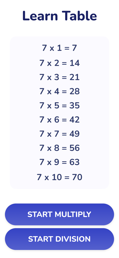 Educational screen showing multiplication table of seven with start multiply and start division buttons