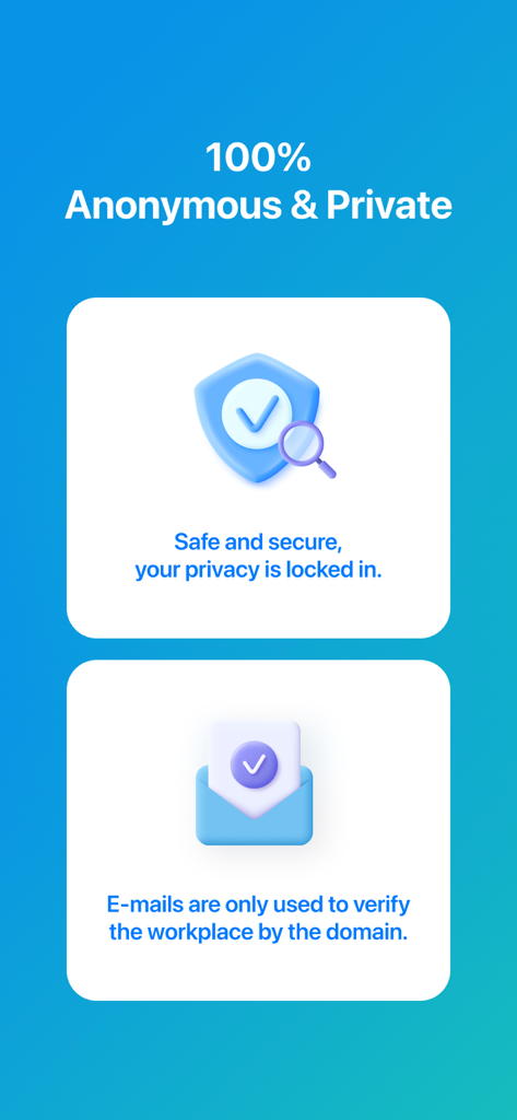 Blind - Professional Community - Blind app interface showing anonymous and private professional verification features