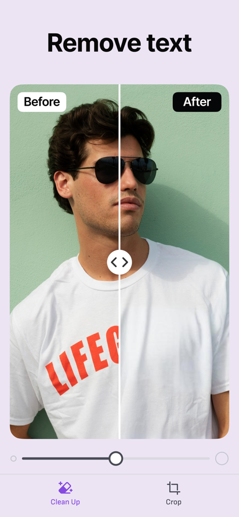 写真編集アプリを使用して白いTシャツのオレンジ色のテキストを削除した前後のサイドバイサイド比較。