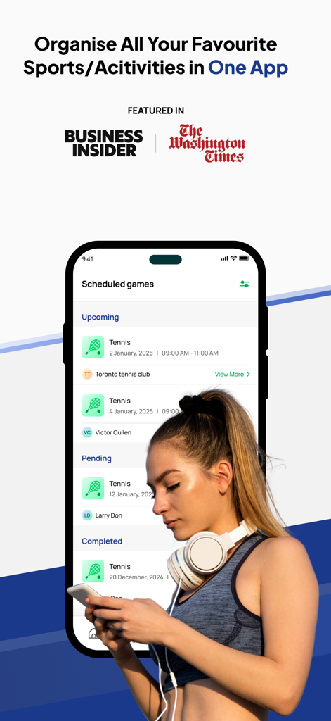 ConnectPlayers: Find Chat Play - A woman using the ConnectPlayers app to view her scheduled tennis matches