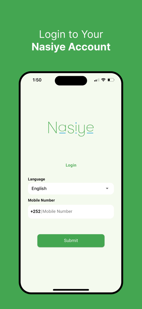 Nasiye CRBT - Login screen for Nasiye CRBT app with fields for language selection and mobile number
