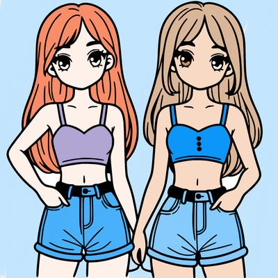 two sisters with crop tops and jean shorts and straight hair