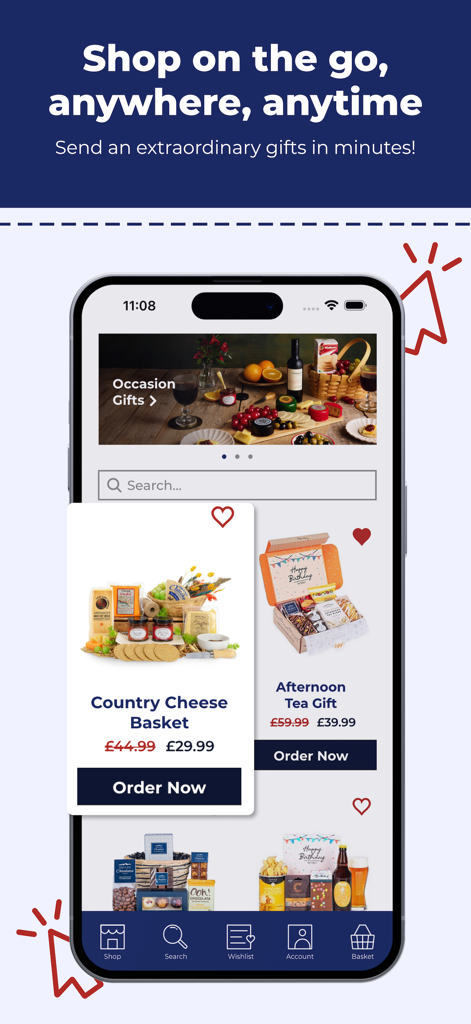 Prestige Hampers - Prestige Hampers mobile app interface showing gourmet cheese and afternoon tea gift baskets