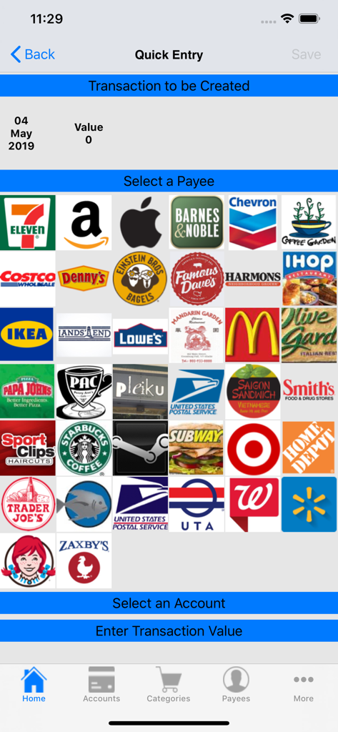 MoneyBelt - 手動の取引記録のために支払先を選択するブランドロゴのグリッドを表示したMoneyBeltアプリのクイック入力画面