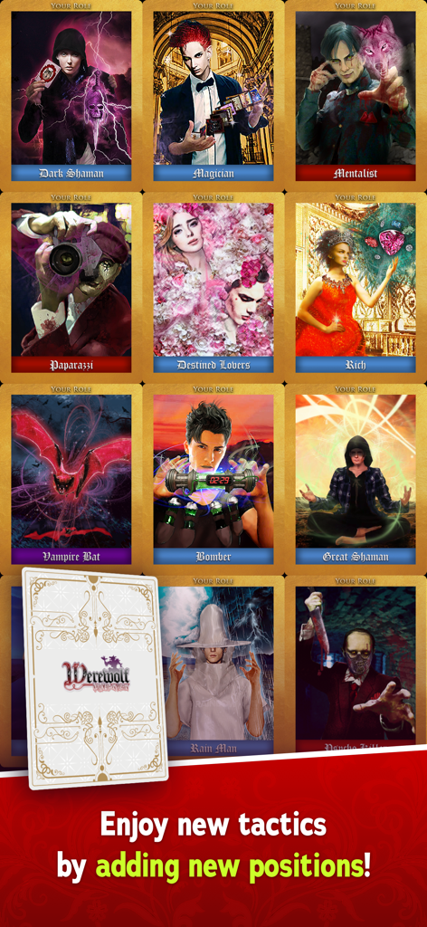 Werewolf "Nightmare in Prison" - Una colección de varias cartas de rol de personajes para el juego de fiesta "Hombre Lobo Pesadilla en la Prisión" que incluyen Chamán, Mago y Bombero.