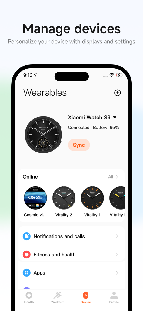 Mi Fitness (Xiaomi Wear Lite) - Xiaomi Watch S3 및 사용 가능한 시계 화면이 연결된 기기 관리 화면을 보여주는 Mi Fitness 앱 인터페이스