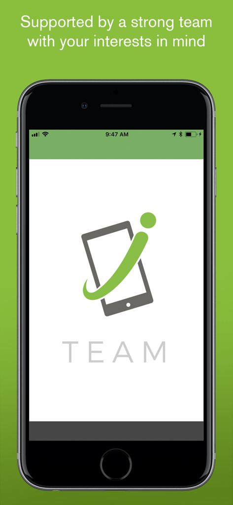 iForm - Smartphone screen showing the iForm logo and the message Supported by a strong team with your interests in mind