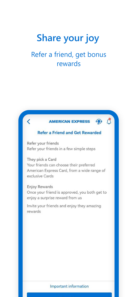 Amex MENA app screen showing the refer a friend feature to earn bonus rewards.