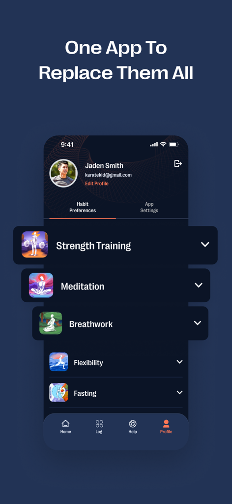 Zenoアプリのプロフィールインターフェース。筋力トレーニング、瞑想、呼吸法のモジュールを特徴とする。