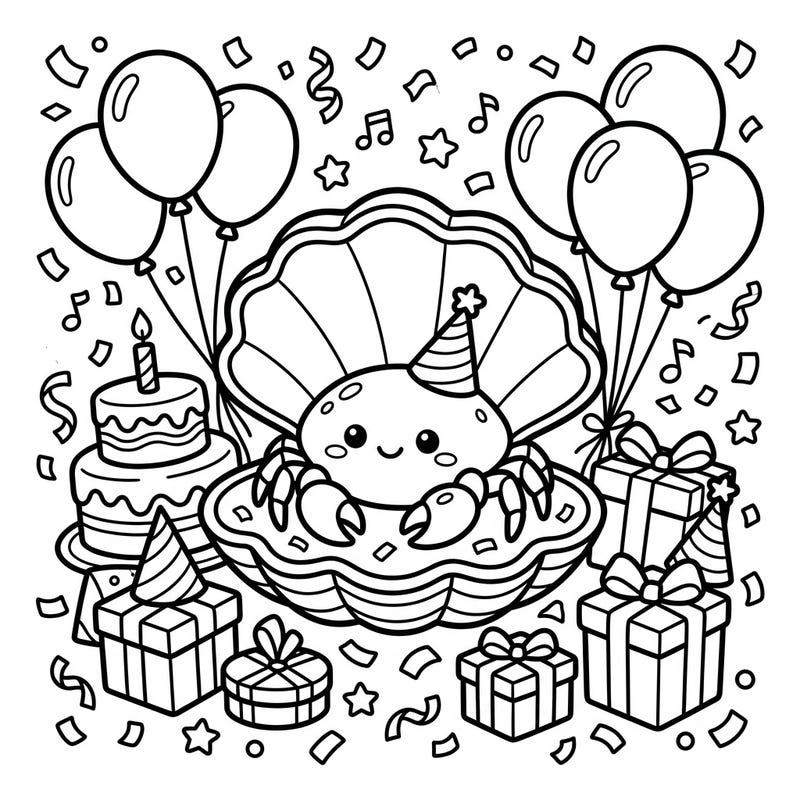 Get ready to celebrate with the cutest little pea crab as it enjoys its very own birthday party! This festive coloring page is packed with delightful details, promising hours of creative fun for colorists of all ages.