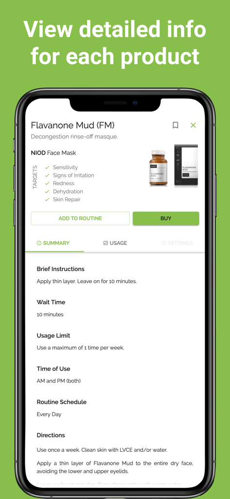 A mobile screen showing detailed product information including instructions and usage limits for a skincare face mask.