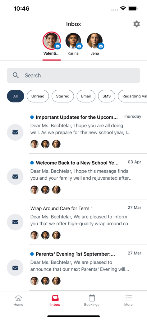Access My School Portal - Unified inbox screen in the Access My School Portal app showing school messages for multiple children