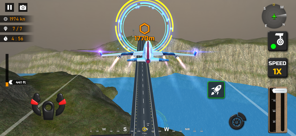 Flight Pilot Airplane Games 23 - An airplane flying through a glowing circular checkpoint ring over a runway and water in a flight simulator game.