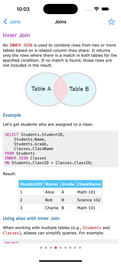 Educational screen for SQL Inner Join featuring a Venn diagram, query code example, and results table.